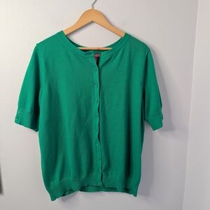 Woman Within Green Button Front Short Sleeve Cardigan | Size 1X | Cotton